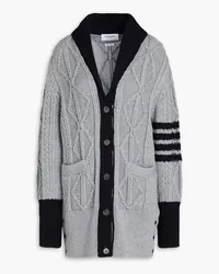 Thom Browne Aran gestreifter Cardigan aus Wolle mit Zopfstrickmuster Grau