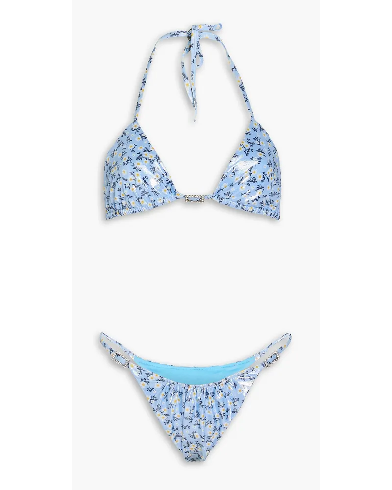 Alessandra Rich Neckholder-Triangel-Bikini aus Stretch-Lamé mit floralem Print und Kristallverzierung Blau