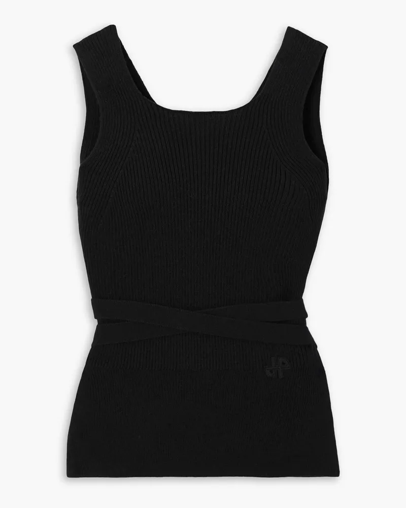 Patou Tanktop aus gerippter Stretch-Wolle mit Applikation und Wickeleffekt Schwarz