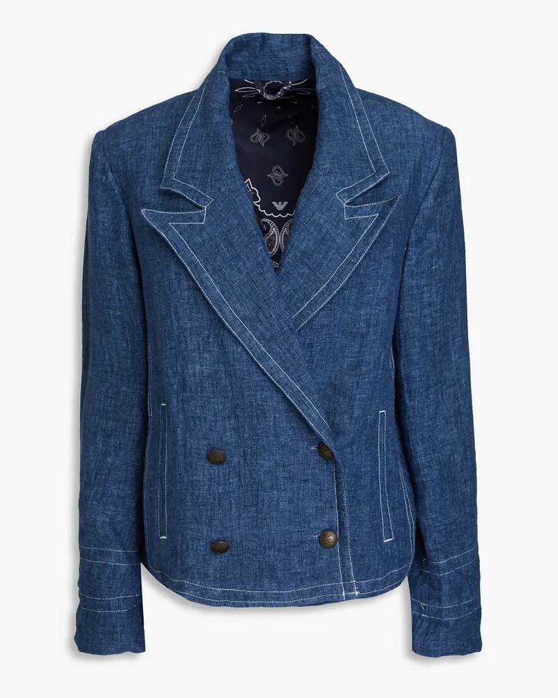 Emporio Armani Doppelreihiger Blazer aus Chambray einer Leinen-Baumwollmischung Blau