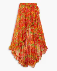 Caroline Constas Del Midikleid aus Seidenchiffon mit Blumenprint und Wickeleffekt Orange