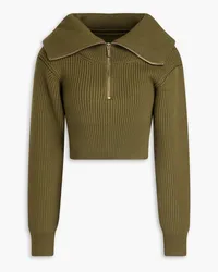 Jacquemus Cropped Rollkragenpullover aus gerippter Merinowolle mit halblangem Reißverschluss Grün