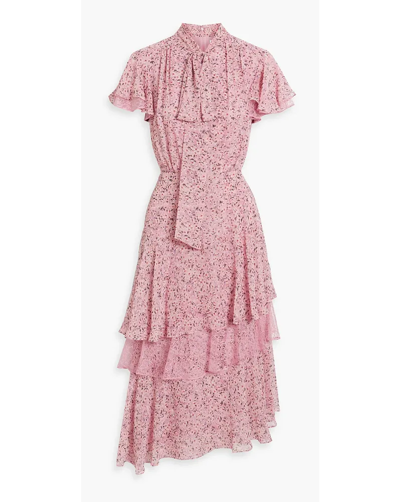 Mikael Aghal Midikleid aus Chiffon mit floralem Print, Spitzenbesatz und Rüschen Pink