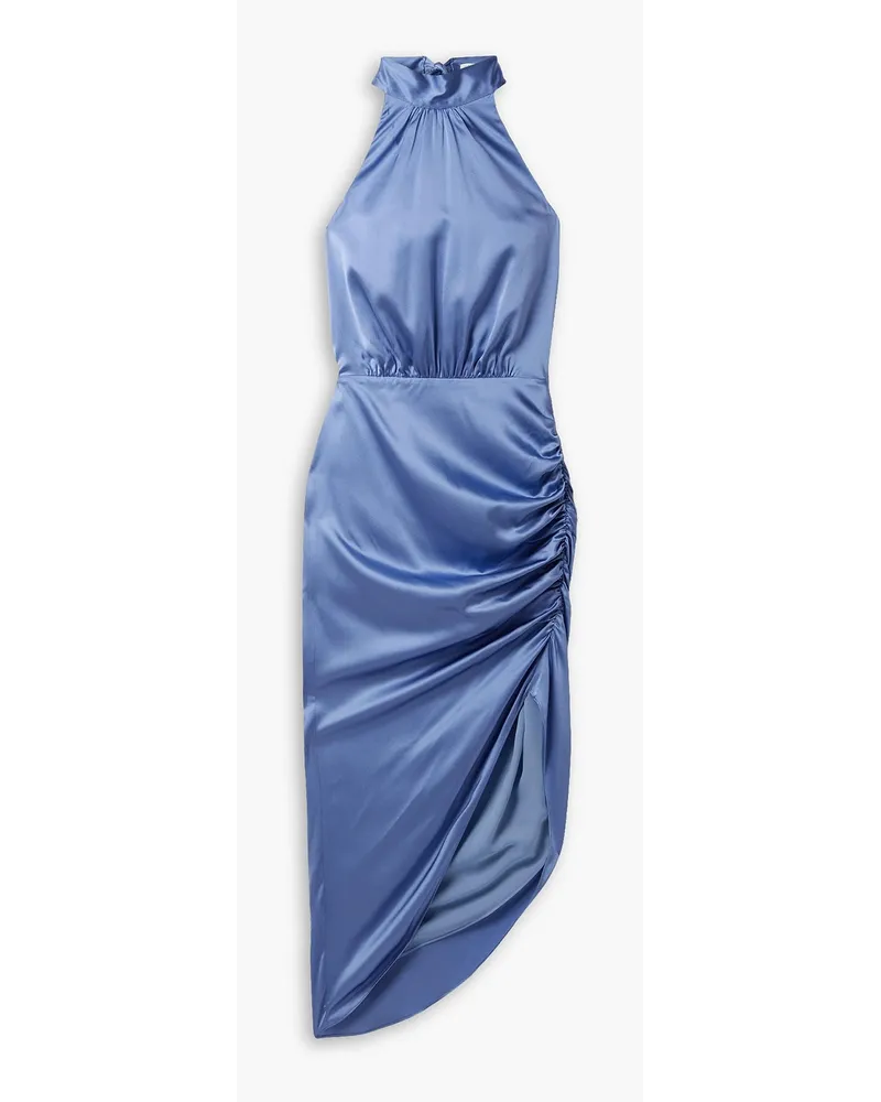 Veronica Beard Gabriella gerafftes Neckholder-Midikleid aus Stretch-Satin aus einer Seidenmischung Blau