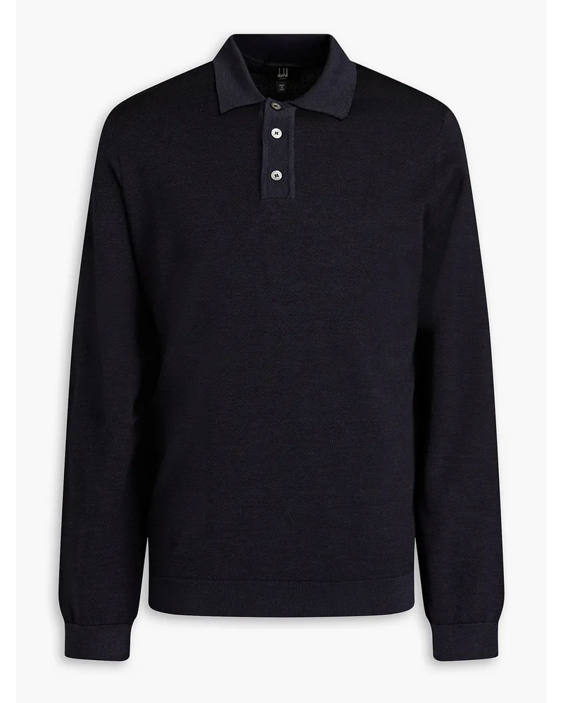 Dunhill Pullover aus Maulbeerseide mit Polokragen und Fischgratmuster Blau