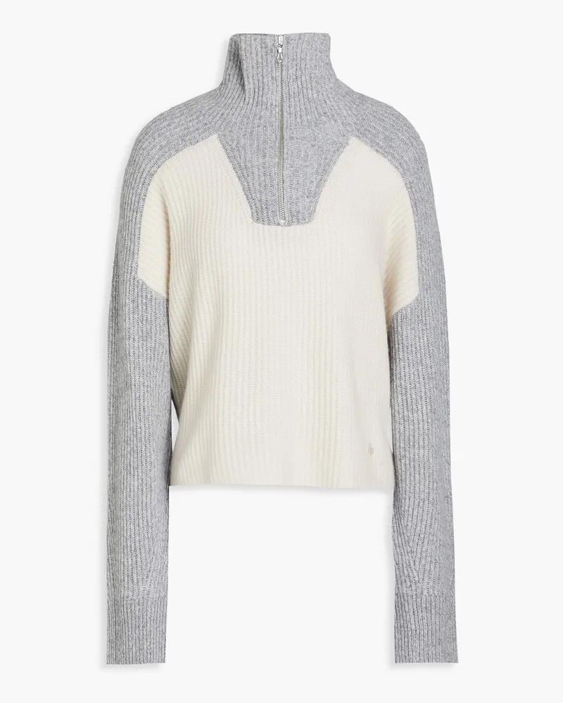 Rag & Bone Pierce zweifarbiger Pullover aus geripptem Kaschmir mit halblangem Reißverschluss Grau