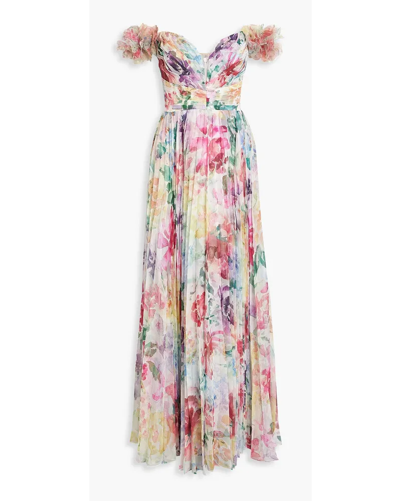 Marchesa Schulterfreie Robe aus Chiffon mit Print und Falten Bunt