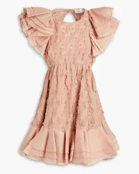 Zimmermann Minikleid aus Gaze mit floralen Applikationen und Rüschen Pink