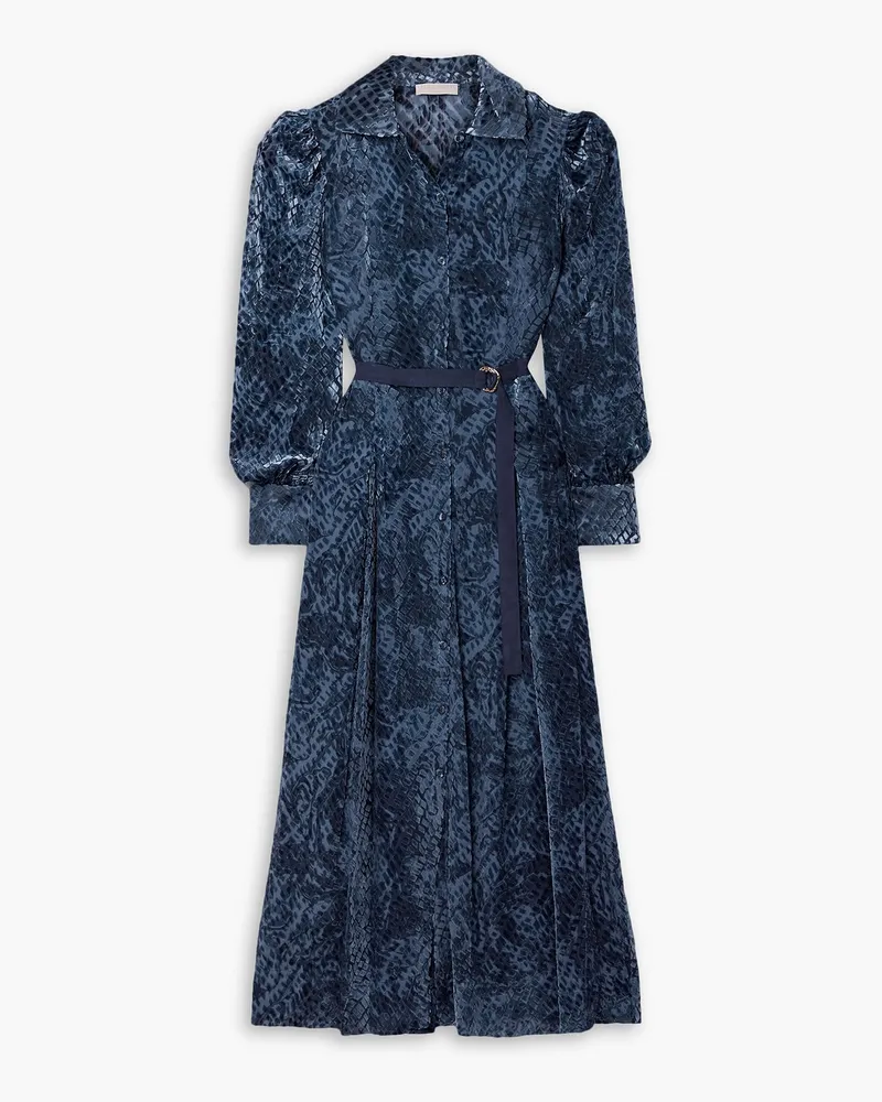 Ulla Johnson Thalia Maxi-Hemdblusenkleid aus Devoré-Samt mit Gürtel Blau