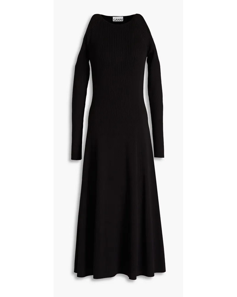 Ganni Midikleid aus Rippstrick mit Cut-outs Schwarz