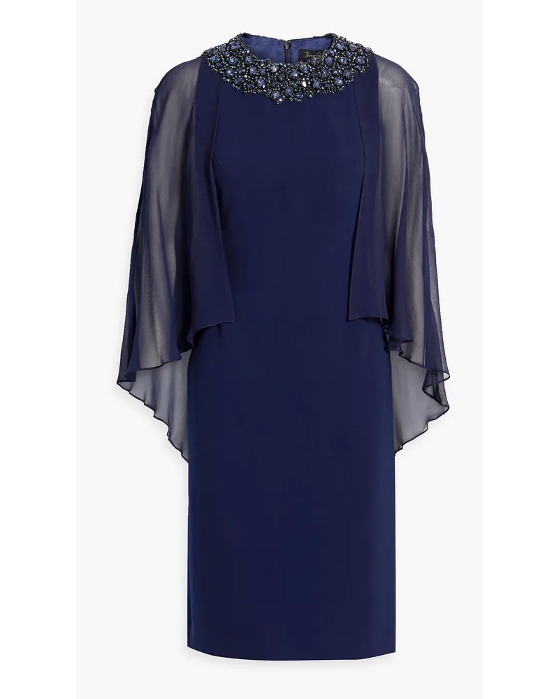 Jenny Packham Verziertes Kleid aus Crêpe und Chiffon mit Cape-Effekt Blau