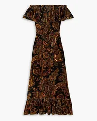 Etro Schulterfreies Maxikleid aus Samt mit Paisley-Muster und Bindegürtel Schwarz