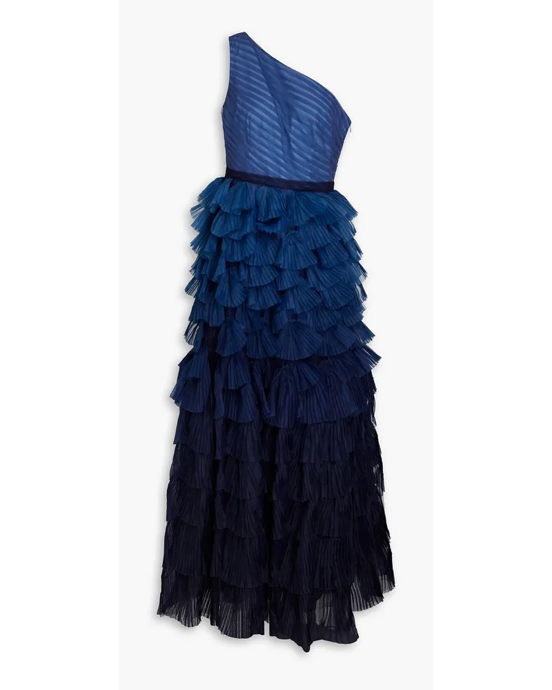 Marchesa Robe aus Organza mit Tülleinsätzen, Farbverlauf und asymmetrischer Schulterpartie Blau