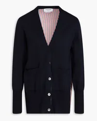 Thom Browne Gestreifter Cardigan aus Merinowolle mit Seiden-Einsätzen Blau