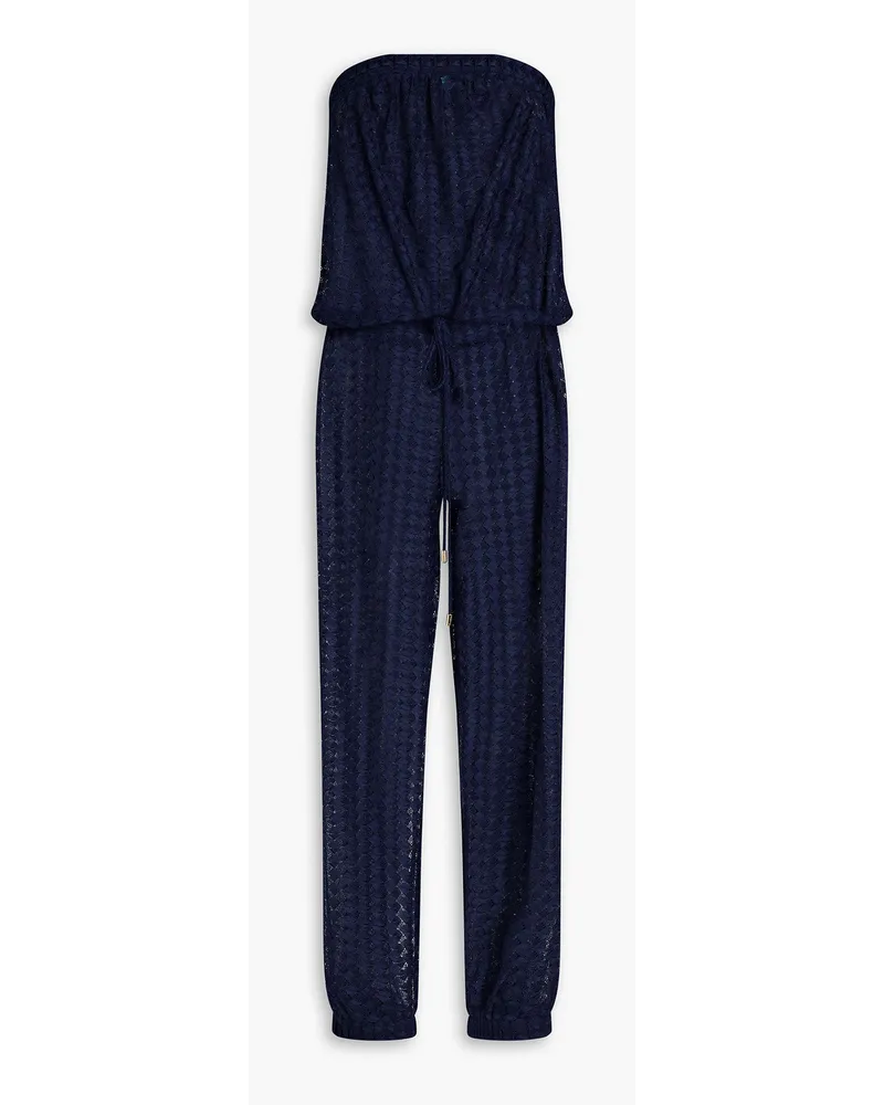 Melissa Odabash Stella trägerloser Strick-Jumpsuit inHäkeloptik mit Raffung Blau