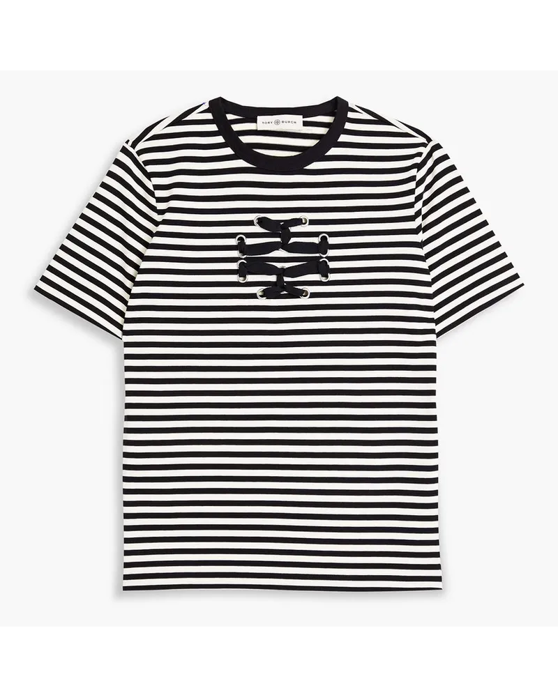 Tory Burch T-Shirt aus Baumwoll-Jersey mit Verzierung und Streifen Schwarz