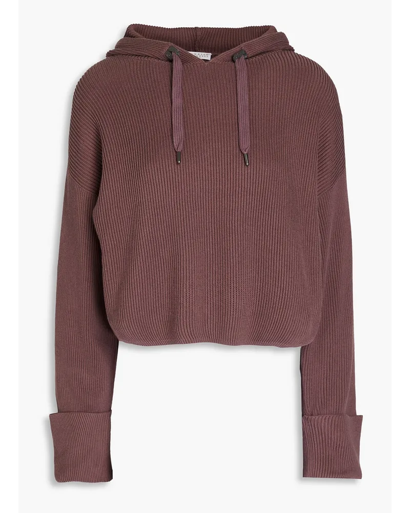 Brunello Cucinelli Cropped Hoodie aus Baumwolle mit Zierperlen Burgunderrot