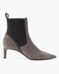 Brunello Cucinelli Ankle Boots aus Veloursleder und Kaschmir mit Zierperlen Grau