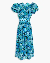 ROTATE Birger Christensen Midikleid aus Chiffon mit floralem Print und Raffung Blau