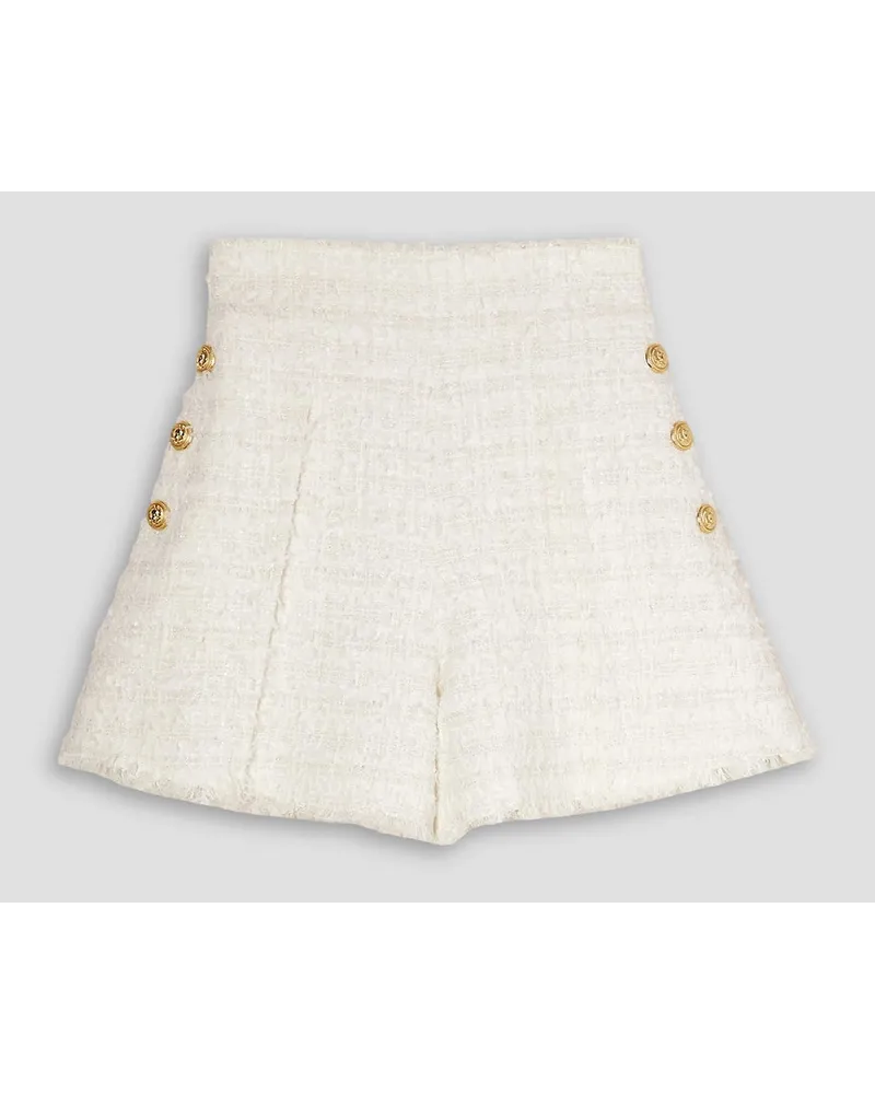 Balmain Shorts aus Tweed mit Zierknöpfen und Fransen Weiß