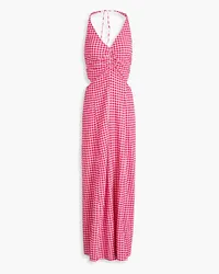 Ganni Gerafftes Maxikleid aus Stretch-Seersucker mit Gingham-Karo Pink