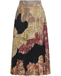 Valentino Garavani Pleated lace-paneled printed suede midi skirt Grün