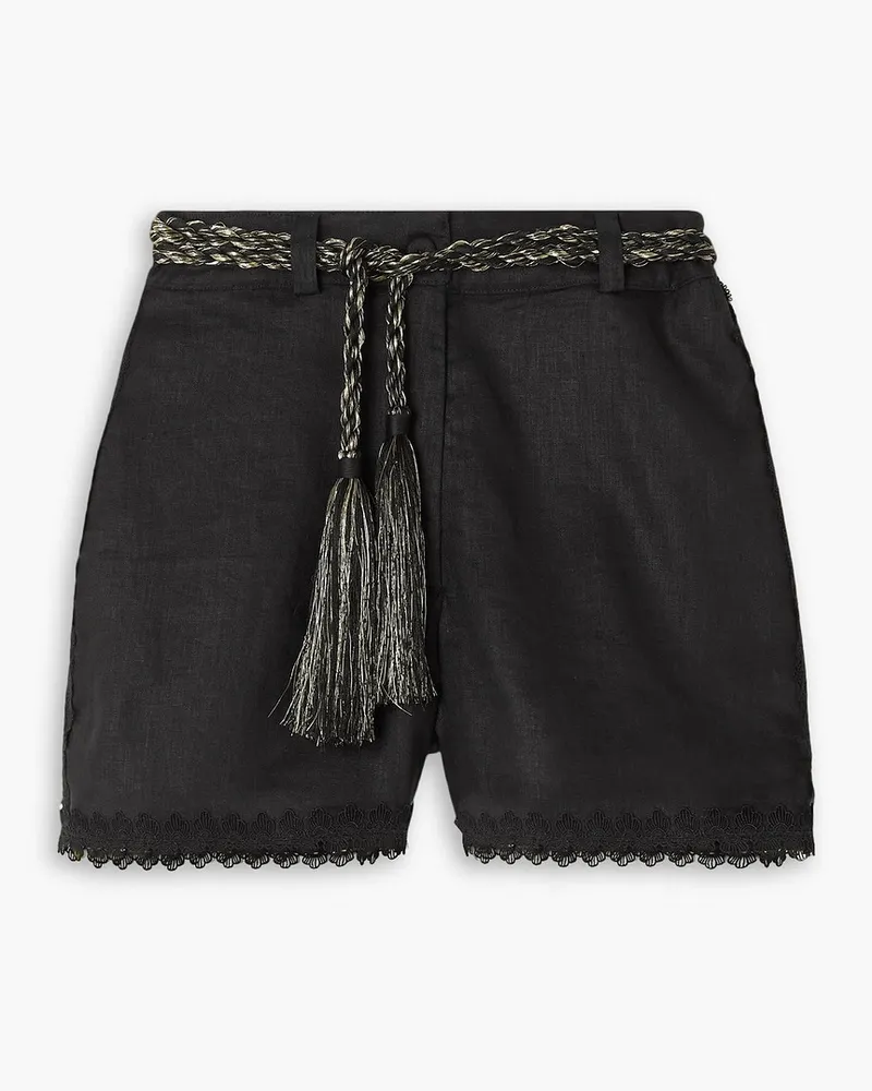 WAIMARI Pixie Shorts aus Leinen mit Spitzenbesätzen und Bindegürtel Schwarz