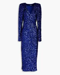 ROTATE Birger Christensen Midi-Wickelkleid aus Mesh mit Pailletten Blau