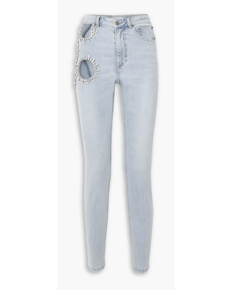 Area Hoch sitzende Skinny Jeans mit Kristallen und Cut-outs Blau