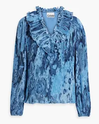 Ganni Bedruckte Bluse aus plissiertem Chiffon mit Rüschen Blau