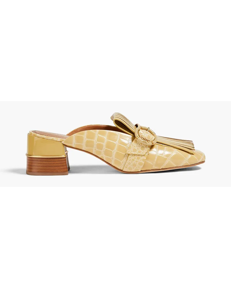 Tory Burch Kiltie Mules aus Glattleder und Leder mit Krokodileffekt und Schnalle Gelb