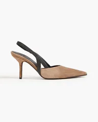 Brunello Cucinelli Slingback-Pumps aus Veloursleder mit Zierperlen Neutral