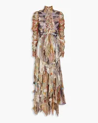 Zimmermann Maxikleid aus Lamé mit Print und Rüschen Lila