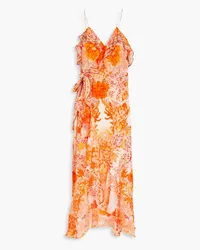 Camilla Verziertes Maxi-Wickelkleid aus Crêpe de Chine aus Seide mit floralem Print Orange