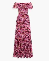 Mikael Aghal Schulterfreie Robe mit Fil Coupé, floralem Print und Rüschen Pink