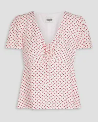 Claudie Pierlot Bluse aus Crêpe de Chine mit floralem Print und Schleife Weiß