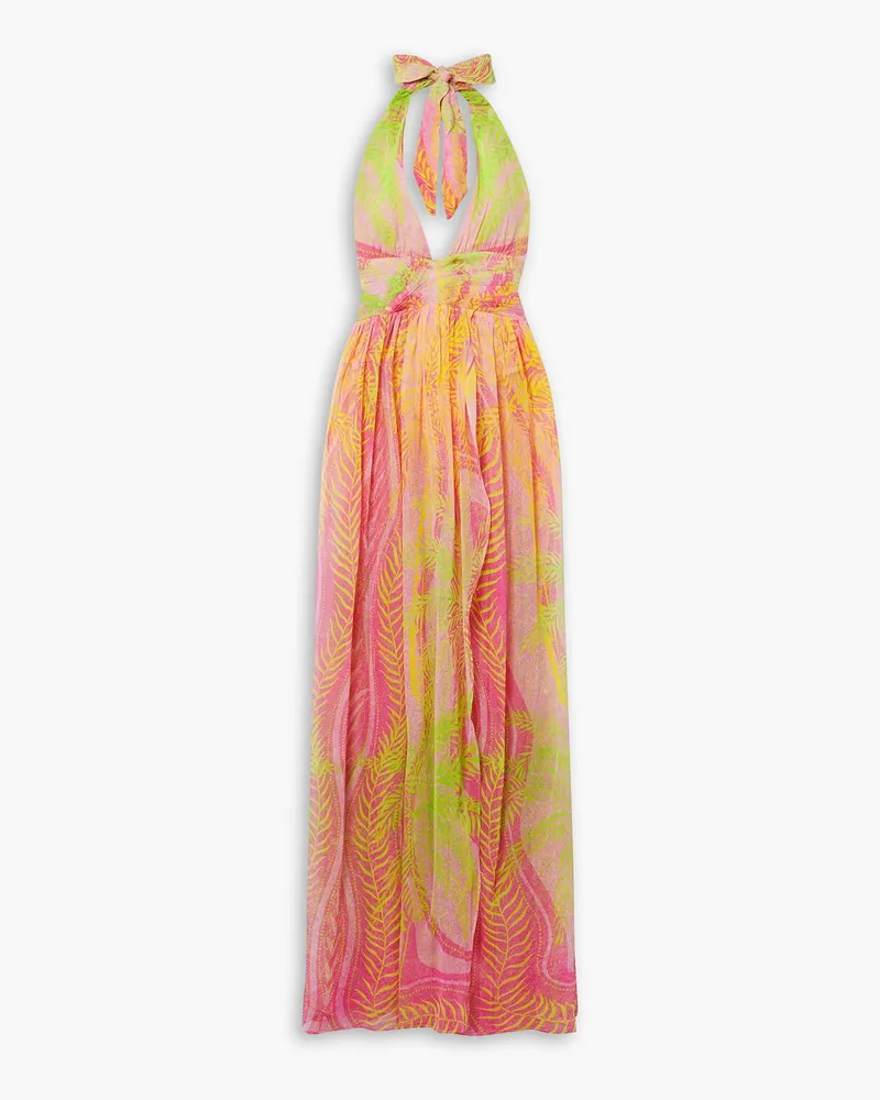 Retrofête Zion Neckholder-Maxikleid aus bedrucktem Seidenchiffon mit Raffungen Pink