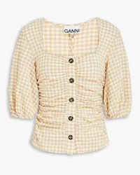 Ganni Oberteil aus Seersucker mit Gingham-Karo und Raffungen Neutral