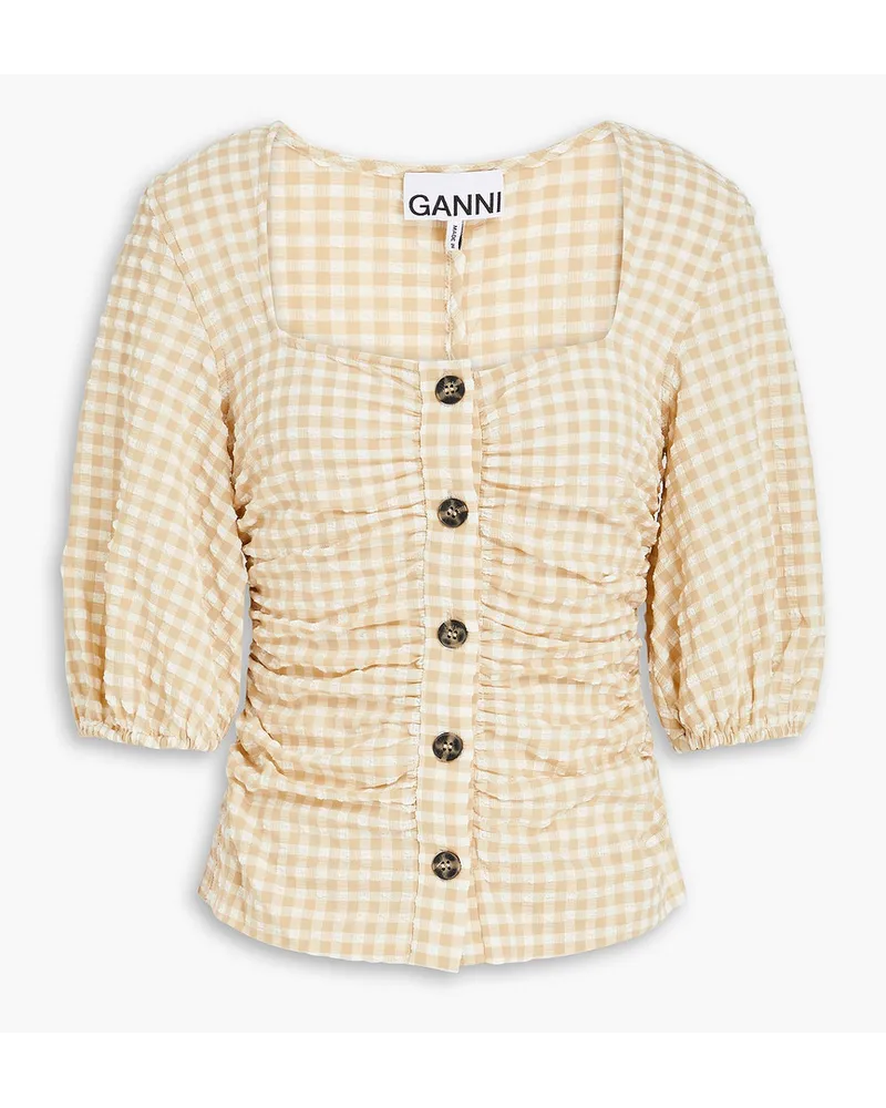 Ganni Oberteil aus Seersucker mit Gingham-Karo und Raffungen Neutral