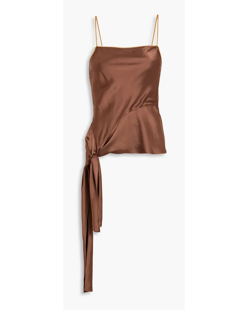 Helmut Lang Asymmetrisches Top aus Satin mit Knotendetail und Organza-Besatz Braun