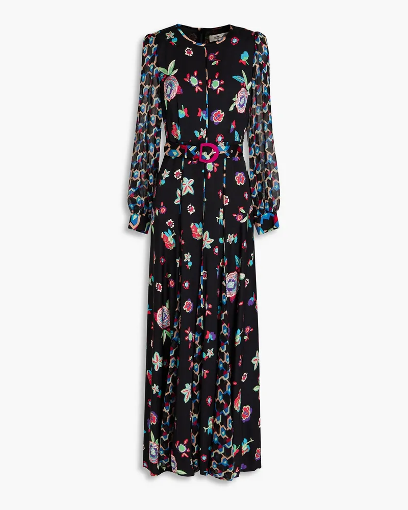 Diane von Furstenberg Elliot Maxikleid aus Satin mit floralem Print und Chiffon-Einsätzen Schwarz