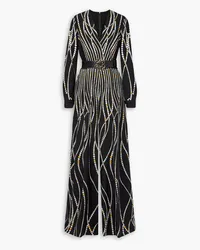 Elie Saab Bedruckter Jumpsuit mit weitem Bein aus Cady mit Gürtel Schwarz