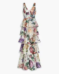 Marchesa Gestufte Robe aus Chiffon mit floralem Print und Verzierung Weiß