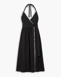 THREE GRACES Jacqueline Midi-Neckholder-Wickelkleid aus Leinen mit Fransen Schwarz