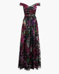 Marchesa Schulterfreie Robe aus Tüll mit floralem Print und Stickereien Lila