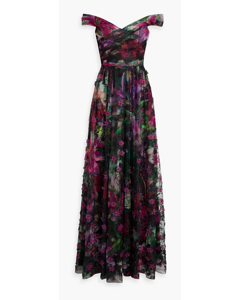 Marchesa Schulterfreie Robe aus Tüll mit floralem Print und Stickereien Lila