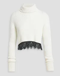 RED Valentino REDValentinoCropped Rollkragenpullover aus gerippter Wolle mit Spitzenbesatz Weiß