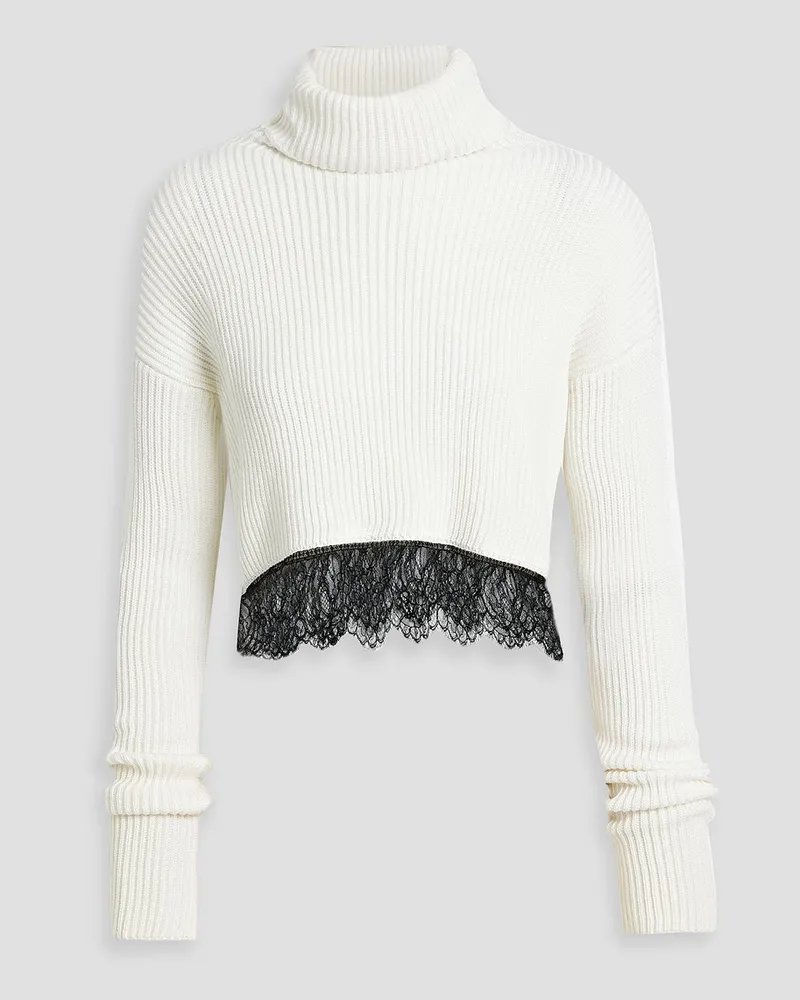 RED Valentino REDValentinoCropped Rollkragenpullover aus gerippter Wolle mit Spitzenbesatz Weiß