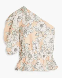 Claudie Pierlot Oberteil aus einer Lyocell-Leinenmischung mit asymmetrischer Schulterpartie, floralem Print und Schößchen Orange