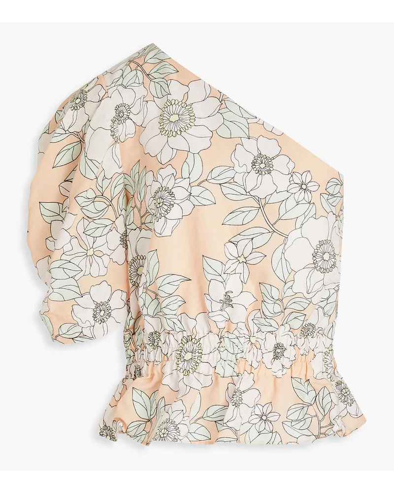 Claudie Pierlot Oberteil aus einer Lyocell-Leinenmischung mit asymmetrischer Schulterpartie, floralem Print und Schößchen Orange